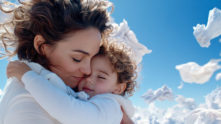 A tender embrace between a mother and child, both in white, radiates love and joy after a day outdoors They're close, framed against a sky filled with billowing white material This heartfelt moment visually captures a profound emotional bond, showcasing a beautiful connection between the two AI Generativeの素材