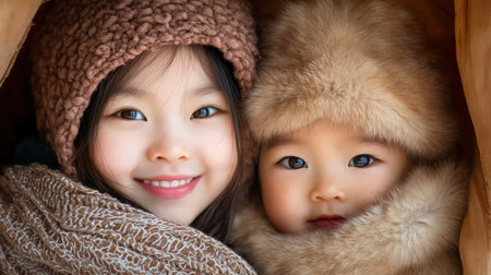 Two children, one Asian, snuggle warmly in hats and scarves, their innocent smiles radiating love and connection Soft lighting highlights their tender expressions, showcasing sibling bonds and the joy of togetherness These images beautifully capture winter warmth and heartfelt moments AI Generativeの素材