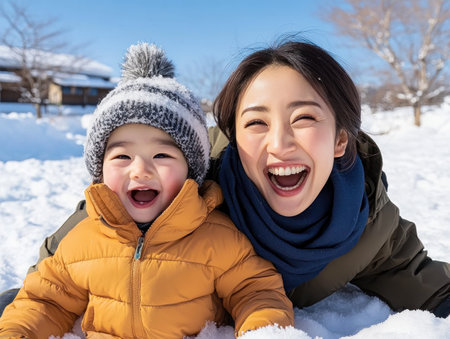 This heartwarming image captures an Asian mom and child laughing joyfully amidst a snowy outdoor scene Their vibrant smiles and winter wear create a visually appealing celebration of family bonds The snowy setting with trees and background structures adds to the scene's charm, portraying a pure moment of fun and AI Generativeの素材