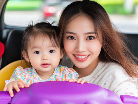 This heartwarming image captures an Asian mom lovingly helping her toddler with a puzzle on a vibrant playmat It showcases the beauty of family bonds, early learning, and parental dedication Ideal for parenting content, the joyful scene highlights playful interaction and a mother's love, creating a relatable and happy atmosphere AI Generativeの素材