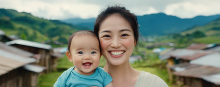This heartwarming outdoor photo captures a radiant Asian mom and her baby, both smiling joyfully against a backdrop of lush green hills A perfect family-oriented image, it embodies the beauty of motherhood and pure bliss Share this precious moment of a loving mother and child surrounded by nature's charm AI Generativeの素材