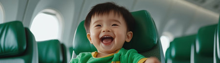 A heartwarming depiction of an Asian mother and child, beaming with joy in a comforting space The child, seated with green seats visible, radiates pure happiness and familial love These uplifting images, capturing a joyful flight scene, showcase a child's infectious smile and aim to spread warmth and happiness AI Generativeの素材