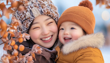 Witness pure joy in this heartwarming scene: an Asian mother and child, smiles mirroring nature's beauty, against a serene snowy backdrop Their cozy attire enhances the maternal bond and simple pleasures of outdoor moments Ideal for family blogs and ads; discover more enchanting images in our catalog AI Generativeの素材