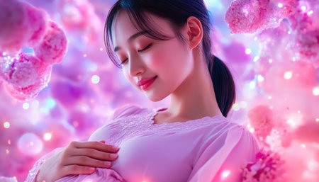 A pregnant Asian woman finds serene joy at home, surrounded by natural decor This intimate image captures the beauty and anticipation of motherhood It's a tender moment of peace, embracing the love and comfort of a nurturing home environment as she awaits new life AI Generativeの素材
