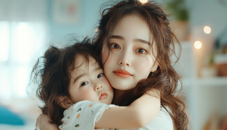 Experience the heart of parenthood with this tender image of an Asian mom embracing her child This serene moment captures the profound maternal affection and gentle connection between them, showcasing the joy and love that define family A timeless portrayal of a warm embrace AI Generativeの素材