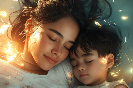 A tender embrace between an Asian mother and child, bathed in soft, glowing light This heartwarming image captures their deep connection and affection, radiating warmth and love The luminous setting showcases their beautiful bond, emphasizing the profound and heartfelt nature of their relationship AI Generativeの素材