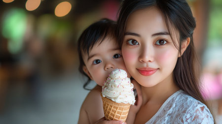 A heartwarming image captures an Asian mom and toddler sharing ice cream, their laughter radiating pure joy This tender moment showcases the beautiful, simple bond between mother and child The sweetness of ice cream mirrors their loving connection, perfect for family, lifestyle, or joyful occasion concepts AI Generativeの素材
