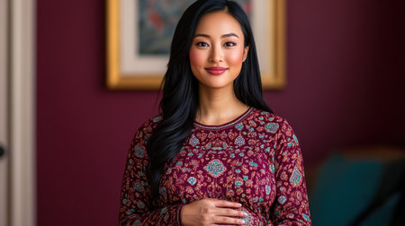 This studio portrait captures the glowing beauty of an Asian pregnant woman Her radiant smile and patterned dress celebrate the miracle of life Showcasing grace and serenity, this timeless image is a delicate, artistic tribute to motherhood and maternal love Perfect for inspiring admiration for the beauty of pregnancy AI Generativeの素材