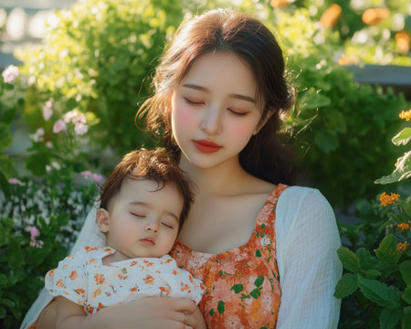 This image embodies maternal love: an Asian mother breastfeeding her child amidst lush green plants and soft sunlight It captures a tender moment of health and tranquility, showcasing the beautiful, natural bond between parent and infant The scene radiates warmth, peace, and happiness, a perfect portrayal of motherhood's loving embrace AI Generativeの素材