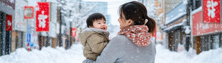 In a snowy street, an Asian mother warmly embraces her child She's in a grey coat and patterned scarf; the child wears a tan coat Festive red banners accent the background, highlighting the scene's warmth and maternal bond amidst winter's chill This detailed image beautifully captures the essence of motherhood AI Generativeの素材