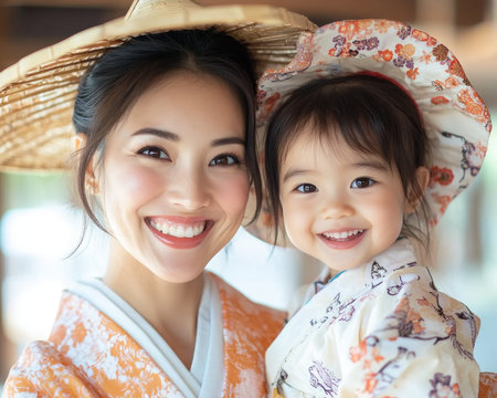 A heartwarming image captures an Asian mom joyfully helping her toddler dress in whimsical costumes Both beam with happiness, showcasing a playful and adorable family connection This vibrant scene, rich in cultural clothing, is perfect for celebrating family, childhood, and diversity, highlighting the pure joy of motherhood and a daughter's AI Generativeの素材