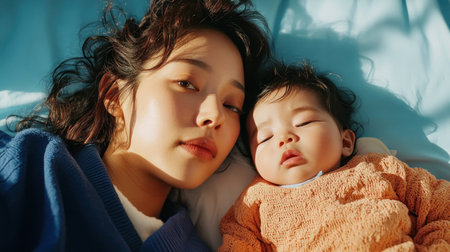 A serene scene unfolds as an Asian mother tenderly breastfeeds her baby Soft light streams through the window, illuminating their peaceful embrace This intimate moment captures the profound bond and nurturing love between them, celebrating the natural beauty of motherhood and infant feeding They lie together, a picture of tranquil AI Generativeの素材