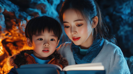 Witness a heartwarming scene of an Asian family reading together A mother lovingly guides her curious child, fostering a love of learning as they explore a storybook's pages This image captures a sweet family moment, showcasing the beauty of education and connection through shared reading experiences AI Generativeの素材