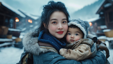 Experience a heartwarming moment of maternal love in this image See an Asian mom gently hugging her child in a snowy scene Their faces radiate affection as she wraps her arms around them, showcasing their intimate connection Download this image for inspiration on family bonds and pure love AI Generativeの素材