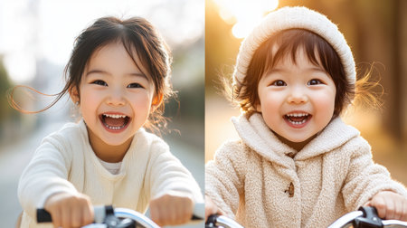 Witness pure joy as a toddler learns to bike, cheered on by their loving Asian mom Laughter and happiness radiate from these heartwarming images, showcasing the beauty of family moments and sweet early experiences Perfect for projects needing genuine warmth and the preciousness of childhood milestones AI Generativeの素材
