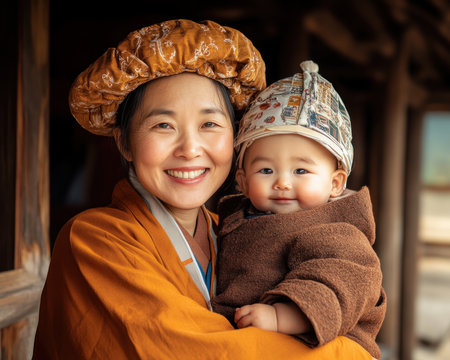 A tender scene unfolds: an Asian mother and child, radiant smiles illuminating their faces, share a loving embrace This image captures the pure joy and deep connection of motherhood Their affection is palpable, a celebration of family love, happiness, and the gentle bond between parent and child AI Generativeの素材