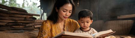 A loving Asian mother shares the joy of reading with her child in a traditional home Warm hues illuminate their bond as they explore stories together This heartwarming scene captures a timeless connection, highlighting the power of literacy passed down through generations in an authentic family setting AI Generativeの素材