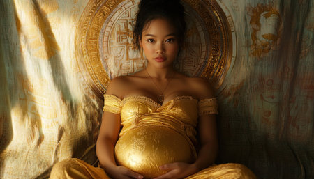 This maternity portrait captures the serene beauty of an Asian pregnant woman, bathed in warm, golden light It evokes the grace and anticipation of pregnancy, highlighting the radiant glow of motherhood Soft hues emphasize the emotional depth, creating an image of warmth, love, and peace Perfect for celebrating new life AI Generativeの素材