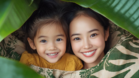 This tender family portrait captures the warmth of an Asian mother and child's loving bond Their genuine smiles reflect care and affection, bathed in soft natural light amongst lush green leaves It's a heartfelt depiction of maternal love, showcasing a beautiful connection between mother and daughter AI Generativeの素材