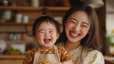 This heartwarming image captures an Asian mom and toddler joyfully baking cookies, radiating warmth and happiness Their laughter embodies precious family bonding, highlighting the beauty of motherhood and childhood innocence The photo showcases genuine love, perfect for projects seeking warmth and positivity, celebrating life's simple joys AI Generativeの素材