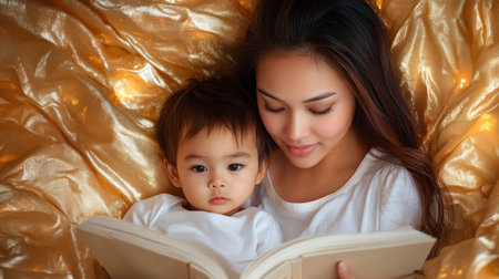 A sunlit garden frames a touching scene: an Asian mother and child sharing stories, embodying the essence of nurturing parenting and early learning This image captures their beautiful bond as they foster a love for reading, highlighting family literacy and connection through precious moments AI Generativeの素材