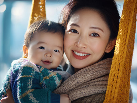 Experience a tender outdoor moment: an Asian mother breastfeeding her baby This heartwarming image radiates health, showcasing the natural beauty of motherhood and the strong bond between mother and child Serene and loving, it celebrates maternal connection and the vital importance of breastfeeding for infant wellness AI Generativeの素材