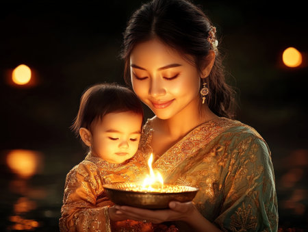 This image captures a serene moment of maternal love: an Asian mother breastfeeding her baby bathed in warm, golden light The soft illumination highlights their tender embrace, evoking feelings of intimate connection and nurturing care It's a beautiful depiction of bonding, with the mother's gentle gaze and baby's peaceful presence AI Generativeの素材
