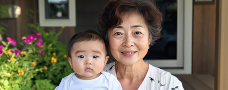 A heartwarming outdoor portrait captures an Asian mother holding her baby, framed by a colorful garden This serene image, bathed in bright natural light, showcases maternal love and family connection amidst vibrant blooms Ideal for projects on parenting, culture, nature, and family heritage, it's a timeless photograph of family AI Generativeの素材