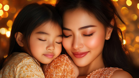 This close-up captures the tender embrace of an Asian mother and child, a quiet moment brimming with warmth and affection Soft, golden bokeh illuminates their precious connection, showcasing the beautiful, unforgettable bond of maternal love This heartwarming scene embodies the essence of tenderness and quiet intimacy AI Generativeの素材