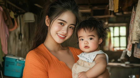 Radiant warmth fills a cheerful room as an Asian mother and child share a joyful moment Their smiles illuminate the scene, showcasing pure bliss and the essence of motherhood A loving bond is palpable as the adorable child is held by their beautiful mother, a vibrant portrayal of family love AI Generativeの素材