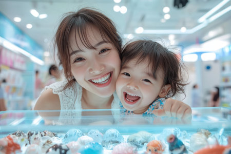 A joyful Asian mother and child share a playful, loving smile, radiating warmth and affection This image captures the pure delight of their familial bond, highlighting maternal love and childhood happiness The tender moment, filled with laughter, beautifully portrays a sweet and precious connection, showcasing family bliss AI Generativeの素材