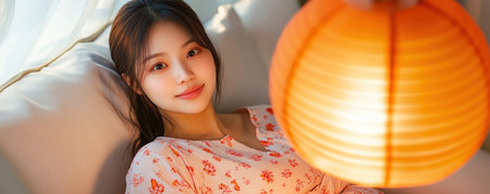 A pregnant Asian woman's serene daily life unfolds, bathed in soft orange light This modern portrait captures her quiet joy indoors, holding a paper lamp Delicate floral pajamas and filtered window light enhance the cozy ambiance, showcasing her peaceful posture in a moment of calm AI Generativeの素材