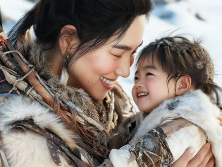 A heartwarming image captures an Asian mother and child sharing a radiant, loving embrace against a snowy backdrop Their connection is palpable, illustrating the powerful bond of family This beautiful moment showcases the pure joy of motherhood and childhood, highlighting cultural bonds, human connection, and bright, genuine smiles AI Generativeの素材