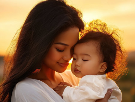 Experience the serene beauty of an Asian mother and child silhouetted against a warm sunset These stunning photographs capture the tender bond of motherhood bathed in golden light Witness the magic of family love and cultural heritage in these precious moments AI Generativeの素材