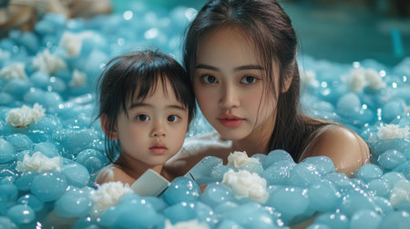 This heartwarming image captures an Asian mother and child's playful joy amidst blue soft balls The scene radiates love and family connection, enhanced by soft lighting Witness a beautiful memory of parenting, where learning and laughter intertwine, highlighting the innocence and charm of their bond AI Generativeの素材