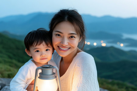 Discover heartwarming images of an Asian mom and child embracing the outdoors Bathed in golden sunlight, these visuals capture their joyful bond amidst nature's beauty Perfect for content celebrating family togetherness and love, these photos encapsulate the beauty of an Asian family enjoying quality time in the open air AI Generativeの素材