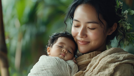 This heartwarming image captures an Asian mother lovingly holding her baby in a park Soft focus highlights their joyful smiles, radiating family warmth It celebrates tender moments, maternal love, and childhood innocence, embodying peace and happiness Perfect for family, parenting, or lifestyle articles, it showcases a beautiful connection AI Generativeの素材