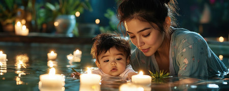 Witness motherhood's essence in a serene scene: an Asian mom breastfeeding her baby Gentle candlelight and lush plants create a soothing, nurturing atmosphere This image captures the intimate bond of breastfeeding amidst nature's beauty and soft light, symbolizing a holistic mother-child connection AI Generativeの素材