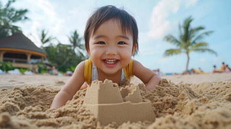 On a sun-drenched tropical beach, an Asian mother lovingly assists her toddler in crafting a sandcastle Smiles illuminate their faces as they create precious memories Clear skies and the vast ocean provide a stunning backdrop to their joyful bonding This heartwarming scene captures the essence of parenting, childhood fun, and AI Generativeの素材
