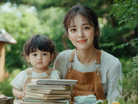 Capture the tender moments of an Asian mom lovingly guiding her child through learning, surrounded by books This heartwarming scene highlights the nurturing bond between mother and child, emphasizing the joy of education Witness family, love, and growth intertwined in this inspiring depiction of early learning AI Generativeの素材