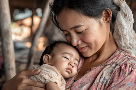 In soft sunlight, an Asian mother lovingly nurses her baby, surrounded by fresh fruit and water This image, captured with natural colors and soft focus, embodies the beauty of motherhood and nurturing care It's an authentic portrayal of the bond between mother and child, radiating quiet affection and natural well-being AI Generativeの素材
