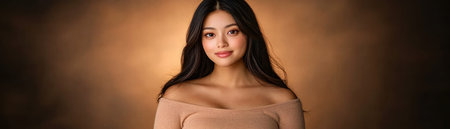 A studio portrait captures an Asian pregnant woman's radiant anticipation Her neutral top contrasts against a warm backdrop, highlighting her maternal glow The image beautifully portrays her strength and love as she embraces her pregnancy journey, radiating the deep emotions of expecting motherhood AI Generativeの素材
