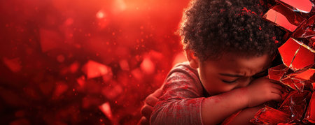A digital image depicts a crouched child against a textured red background with scattered red fragments It deviates from the prompt's suggestion of an Asian mother and child embracing peacefully Bright lighting enhances the scene's vibrant, intense, and dramatic visual impact, suggesting a rendered composition AI Generativeの素材