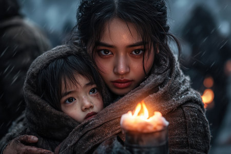 This illustration captures an Asian mother embracing her child, radiating warmth and parenthood Shielding her child in a cold setting, their embrace and a shared candle symbolize love's strength during hardship The image poignantly depicts family resilience, highlighting deep bonds and unwavering protection AI Generativeの素材