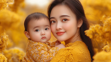 A heartwarming scene captures an Asian mother breastfeeding her baby, gently holding their tiny hand This tender moment of maternal care showcases the pure love and connection between them Nestled in her arms, the infant is surrounded by a warm yellow glow, symbolizing a peaceful and intimate family scene, highlighting AI Generativeの素材