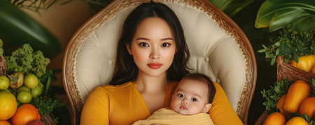 A nurturing scene unfolds: an Asian mother breastfeeding her infant in a sunlit room, surrounded by fresh fruits and herbs This artistic depiction emphasizes maternal care, natural nutrition, and the bond between parent and child Warm light bathes the serene space, highlighting natural health and family well-being AI Generativeの素材