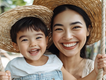 This heartwarming image captures pure joy as an Asian mom and child laugh on a park swing Their carefree happiness shines, celebrating childhood and the warmth of family love This simple, beautiful scene of outdoor fun encapsulates the bliss of these precious moments shared together It's a perfect portrait of AI Generativeの素材