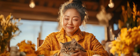 This image portrays a serene moment of wellness: an Asian woman gently holds a cat within a tranquil, softly lit home The scene promotes relaxation and self-care, with simple decor emphasizing well-being Although intimate and calming, the focus is on the cozy atmosphere, not breastfeeding, capturing a feeling of peace AI Generativeの素材