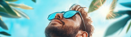 A man shields his eyes with sunglasses, gazing upwards at the sun filtering through leaves The image focuses solely on this individual; it's not a scene of familial bonding No father and son are present, nor does it depict a shared, awe-filled moment, like watching fireworks The focus remains on AI Generativeの素材