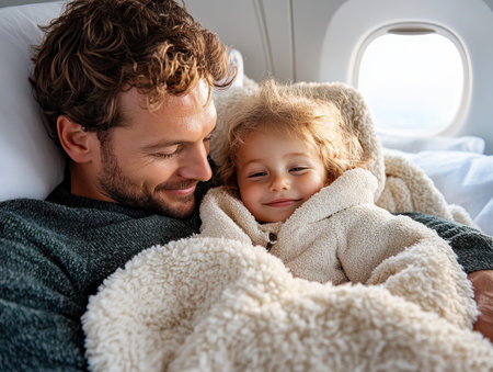 A tender scene unfolds as a father gently tucks his child into a blanket on a plane The image radiates warmth and safety, highlighting the beautiful bond between parent and child This quiet moment, filled with gentle care and love, evokes a sense of security during travel, showcasing a precious AI Generativeの素材